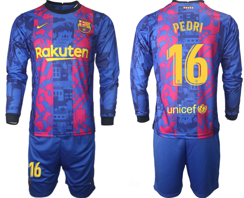 Men 2021-2022 Club Barcelona Second away blue Long Sleeve #16 Soccer Jersey